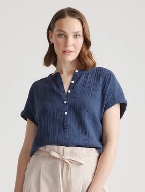 Quince 100% Organic Cotton Gauze Roll Sleeve Shirt Indigo Blue